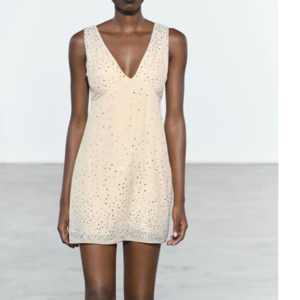 Zara ZW Collection Sparkly Rhinestones Cream Sleeveless Mini Dress Sz-L - Picture 1 of 9